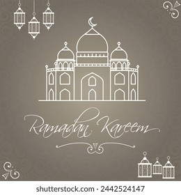 Greyish light beig color Ramadan Kareem vector illustration. Ramadan Kareem Greeting card with arabic arabesque pattern.  Holy month of muslim. Symbol of Islam. Applique Design. Editable. EPS 10