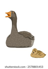 Greylag goose and its chick swim on water. Farm Birds, Realistic Vector Animal