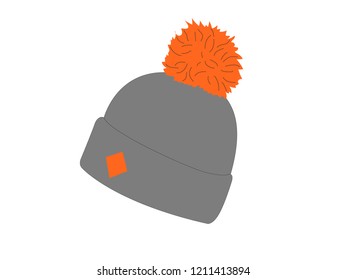 Grey-orange beanie with Pom Pom, winter wool knitted cap