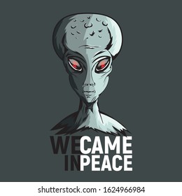 Greys Alien illustration, we came in peace message