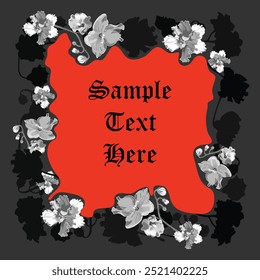 Greyscale African violet flowers and their silhouettes are arranged around a square wavy shape in red. Dark and creepy colors. Floral frame for any design ideas.