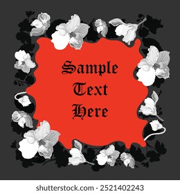 Greyscale African violet flowers and their silhouettes are arranged around a square wavy shape in red. Dark and creepy colors. Floral frame for any design ideas.