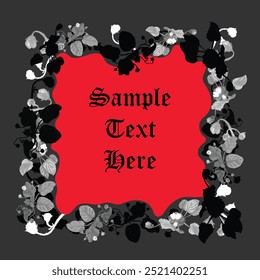 Greyscale African violet flowers and their silhouettes are arranged around a square wavy shape in red. Dark and creepy colors. Floral frame for any design ideas.