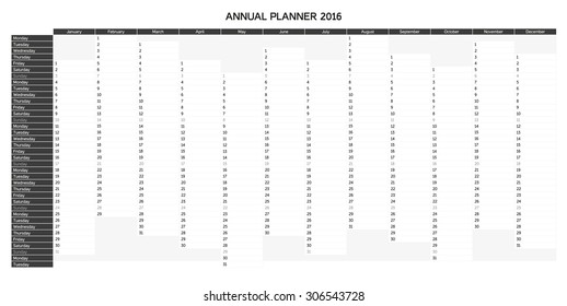 Greyscale annual planner for 2016 - English, starts with Monday