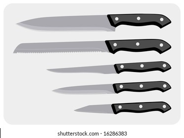 Greyscale color illustration of a set of knives for kitchen.