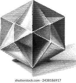 Greyscale digital illustration of a polyhedron with striped shading.