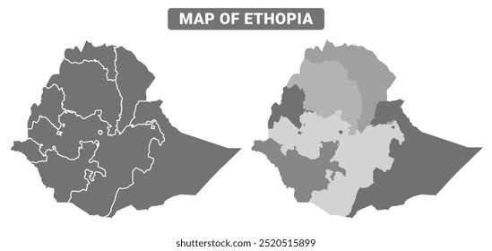 Graustufen-Ethopia-Landkarte mit Rändern von Region, Vektorgrafik-Set