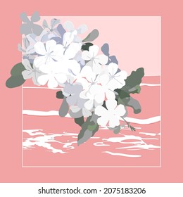 flores de escala grisácea y paisaje de playa, color mono de ambiente tropical, ilustración de estilo animado, color pastel claro, nostálgico estético diseño de fondo de playa de verano