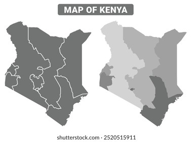 Greyscale Kenya political map with borders of region vector illustration set