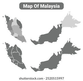 Mapa político de Malásia em escala de cinza com bordas de região vetorial ilustração definido