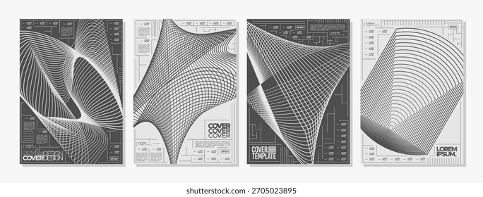 Greyscale network wireframe fiber line abstract cover set