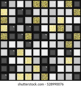 Greyscale seamless pattern with square elements. Repetitive abstract pattern with colored and glittery tiles. Vector illustration for your graphic design.