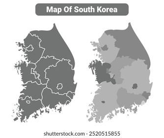 Greyscale South Korea political map with borders of region vector illustration set