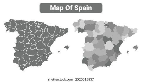 Mapa político de Espanha em escala de cinza com bordas de ilustração vetorial de região definido