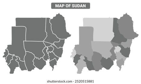 Greyscale Sudan political map with borders of region vector illustration set