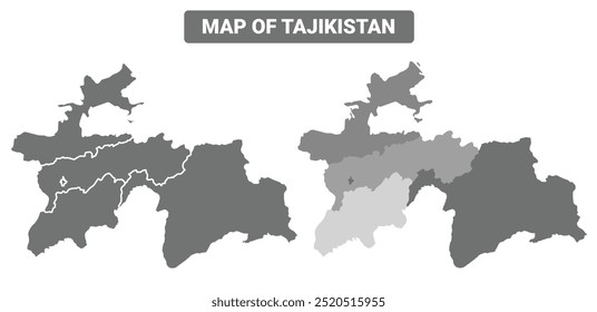 Greyscale Tajikistan political map with borders of region vector illustration set