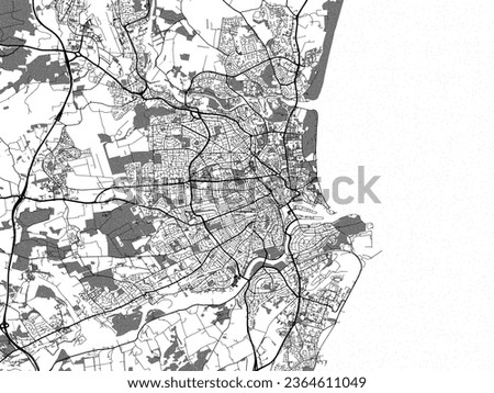 Greyscale vector city map of Aberdeen in the United Kingdom with with water, fields and parks, and roads on a white background.