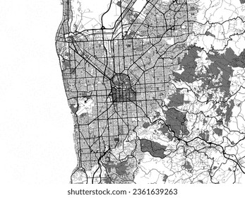 Greyscale vector city map of Adelaide in Australia with with water, fields and parks, and roads on a white background.