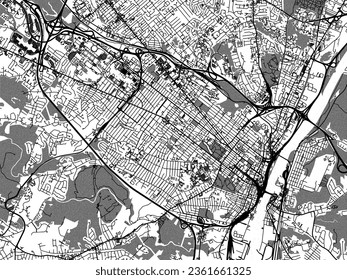 Graustufen-Vektorgrafik von Albany New York in den Vereinigten Staaten von Amerika mit Wasser, Feldern und Parks und Straßen auf weißem Hintergrund.