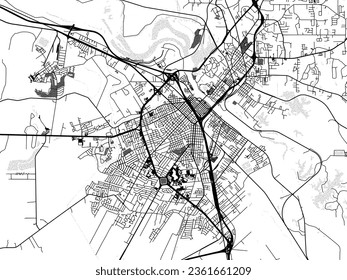 Greyscale vector city map of Alexandria Louisiana in the United States of America with with water, fields and parks, and roads on a white background.