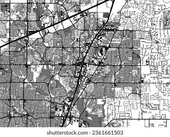 Greyscale vector city map of Allen Texas in the United States of America with with water, fields and parks, and roads on a white background.