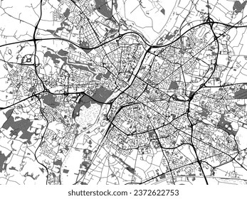 Greyscale vector city map of Angers in France with with water, fields and parks, and roads on a white background.