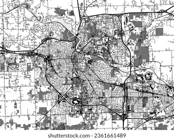 Greyscale vector city map of Ann Arbor Michigan in the United States of America with with water, fields and parks, and roads on a white background.