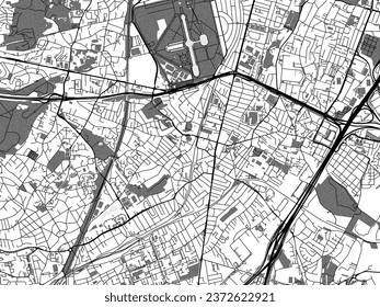 Mapa de la ciudad vectorial a escala de grises de Antony en Francia con agua, campos y parques, y caminos en un fondo blanco.