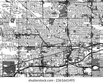 Greyscale vector city map of Arvada Colorado in the United States of America with with water, fields and parks, and roads on a white background.