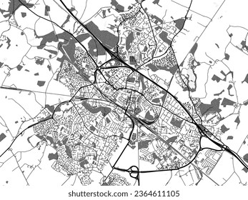 Mapa vectorial de Ashford en el Reino Unido a escala de grises con agua, campos y parques, y caminos en un fondo blanco.