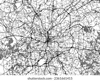 Greyscale vector city map of Atlanta Georgia in the United States of America with with water, fields and parks, and roads on a white background.