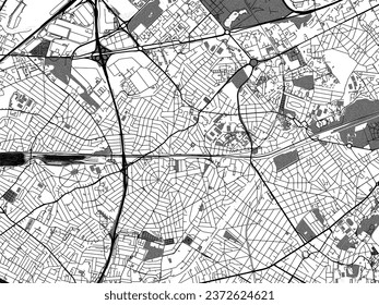 Greyscale vector city map of Aulnay-sous-Bois in France with with water, fields and parks, and roads on a white background.