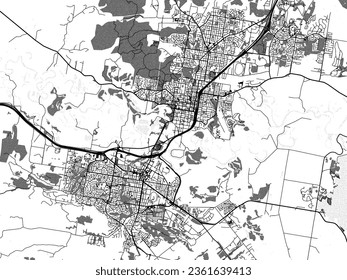 Mapa de la ciudad vectorial a escala de grises de Albury-Wodonga en Australia con agua, campos y parques, y carreteras en un fondo blanco.
