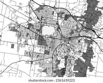 Greyscale vector city map of Ballarat in Australia with with water, fields and parks, and roads on a white background.