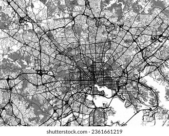 Mapa de ciudades vectoriales de escala griega de Baltimore Metro Maryland en los Estados Unidos de América con agua, campos y parques, y carreteras en un fondo blanco.