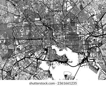 Greyscale vector city map of Baltimore Maryland in the United States of America with with water, fields and parks, and roads on a white background.