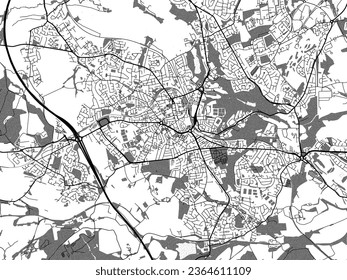 Greyscale vector city map of Barnsley in the United Kingdom with with water, fields and parks, and roads on a white background.