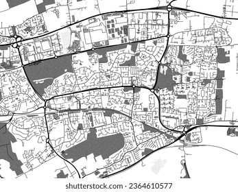 Greyscale vector city map of Basildon in the United Kingdom with with water, fields and parks, and roads on a white background.