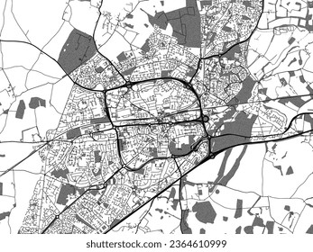 Greyscale vector city map of Basingstoke in the United Kingdom with with water, fields and parks, and roads on a white background.