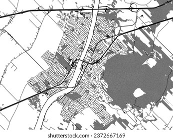 Greyscale vector city map of Beloeil Quebec in Canada with with water, fields and parks, and roads on a white background.