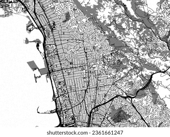 Greyscale vector city map of Berkeley California in the United States of America with with water, fields and parks, and roads on a white background.
