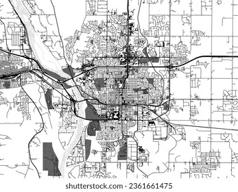 Greyscale vector city map of Bismarck North Dakota in the United States of America with with water, fields and parks, and roads on a white background.
