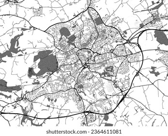 Greyscale vector city map of Blackburn in the United Kingdom with with water, fields and parks, and roads on a white background.