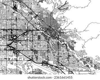 Greyscale vector city map of Boise Idaho in the United States of America with with water, fields and parks, and roads on a white background.