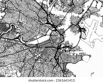 Greyscale vector city map of Boston Massachusetts in the United States of America with with water, fields and parks, and roads on a white background.