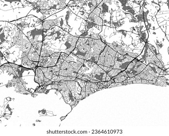 Greyscale vector city map of Bournemouth in the United Kingdom with with water, fields and parks, and roads on a white background.