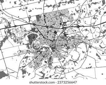 Greyscale vector city map of Brantford Ontario in Canada with with water, fields and parks, and roads on a white background.