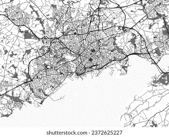 Greyscale vector city map of Brest in France with with water, fields and parks, and roads on a white background.