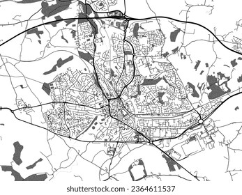 Greyscale vector city map of Bridgend in the United Kingdom with with water, fields and parks, and roads on a white background.