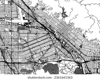 Mapa de ciudades vectoriales de escala griega de Burbank California en Estados Unidos de América con agua, campos y parques, y carreteras en un fondo blanco.